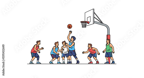 Illustration of a Dynamic Basketball Game with Players in Action on the Court