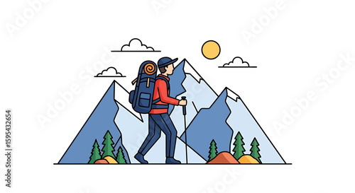 Illustration of a Hiker Walking with Backpack in Scenic Mountain Landscape