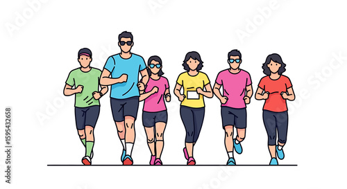 Illustration of a Diverse Group of Six People Jogging Together in Colorful Activewear