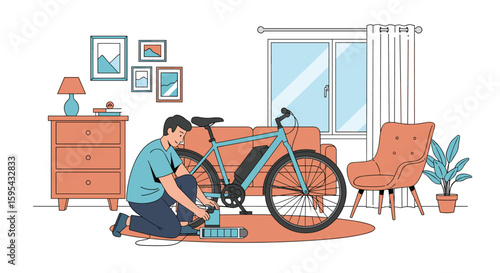 Man assembling electric bicycle indoors near couch and chair with home decor elements