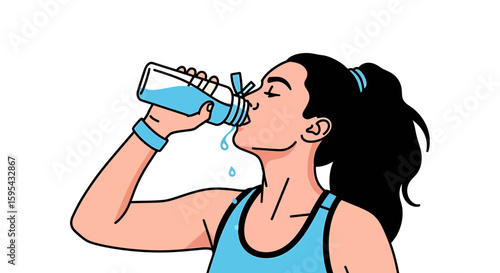 Illustration of a Woman Hydrating with Water Bottle in Sporty Attire