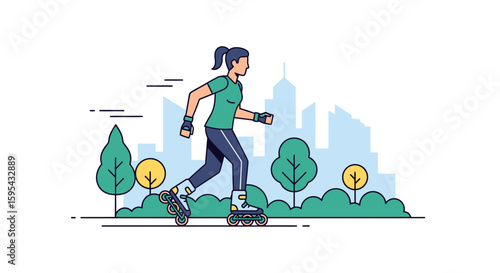 Illustration of a Woman Rollerblading in Urban Park with City Skyline in Background