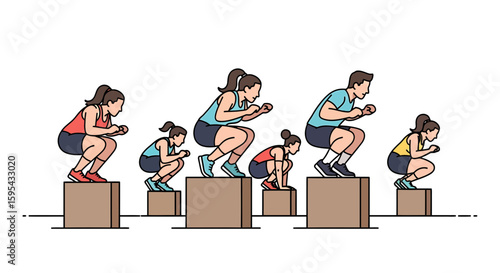 Illustration of Diverse Group Performing Box Jump Exercise in Synchrony for Fitness Training