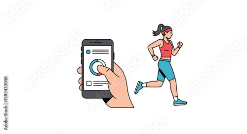 Illustration of Jogging Woman with Fitness Tracking App on Smartphone Screen
