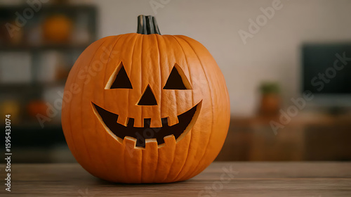 Festive Halloween Jack-o'-lantern:  An orange pumpkin on a wooden table, carved with a smiling face. Celebration, autumn harvest and Halloween.