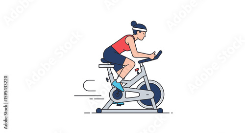 Illustration of Woman Exercising on Stationary Bike in Red Top and Headband