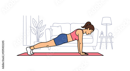 Illustration of Woman Exercising in Home Setting Performing Plank Pose for Fitness Routine