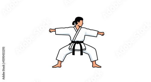 Karate Practitioner in Black Belt Perform Defensive Stance in Martial Arts Illustration