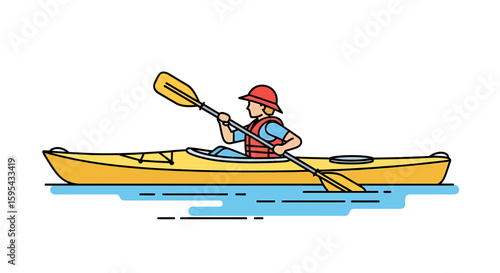 Vector Illustration of a Person Kayaking in a Yellow Kayak with Paddle on Blue Water