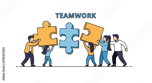 Illustration of Teamwork Concept with People Collaborating on Giant Jigsaw Puzzle Pieces
