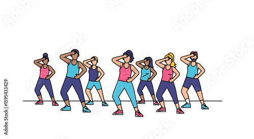 Vibrant Group Dance Workout Illustration with Diverse Men and Women in Active Poses
