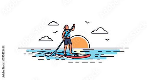 Illustration of Woman Paddleboarding at Sunset on Calm Ocean Waters with Birds