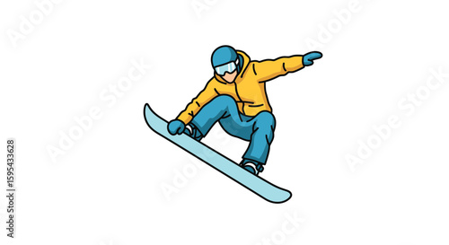Dynamic Illustration of a Snowboarder Performing a Jump in Vibrant Winter Gear