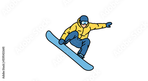 Dynamic Illustration of a Snowboarder Performing an Aerial Trick in Winter Sports Attire