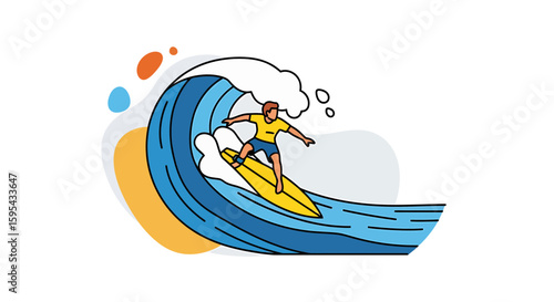 Dynamic Illustration of Surfer Skillfully Riding a Giant Wave in Vibrant Colors
