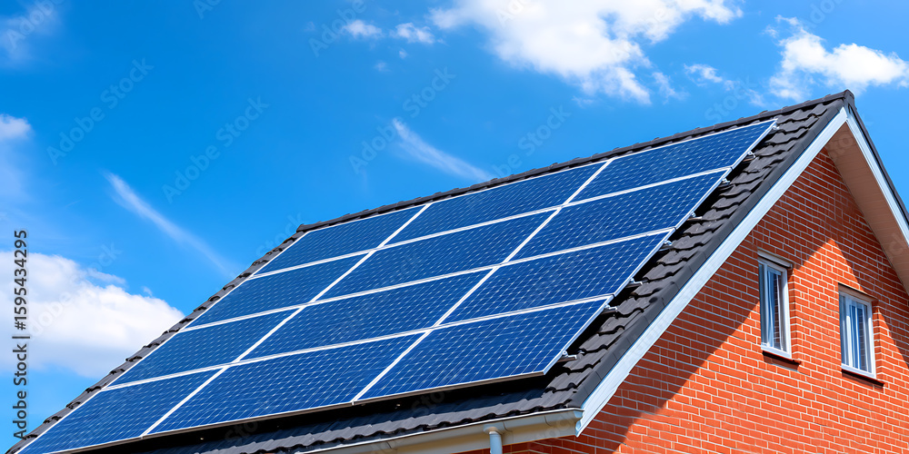 Fototapeta premium Solar panels array atop a roof under a bright blue sky. Clean energy, modern home. Sustainability in action. Eco-friendly living. Alternative power generation.