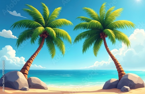 Two palm trees lean over sandy beach beside calm turquoise ocean water. Rocks rest on shore. Clear blue sky with white clouds overhead. Scene tropical island paradise perfect for vacation,