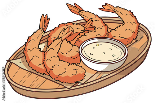   delicious fried shrimp, golden brown, crispy, served with creamy dipping sauce, wooden plate, appetizing, food photography, high quality, detail-oriented