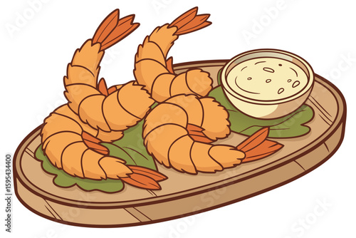   delicious fried shrimp, golden brown, crispy, served with creamy dipping sauce, wooden plate, appetizing, food photography, high quality, detail-oriented