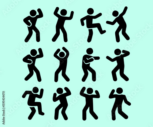 Pack of vector silhouettes of dancing man, icon set of dancing man