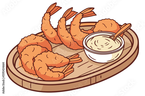   delicious fried shrimp, golden brown, crispy, served with creamy dipping sauce, wooden plate, appetizing, food photography, high quality, detail-oriented