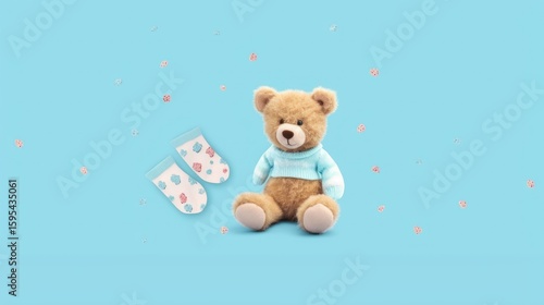 Cute Teddy Bear with Baby Booties on Blue Background , Adorable Newborn Concept

