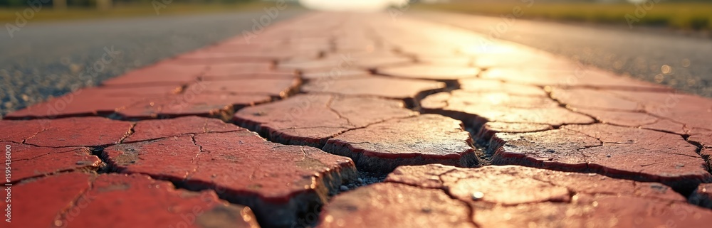 Cracked red concrete runway showing age, wear. Distressed pavement, aviation surface with hairline fractures and crumbling texture. Weathered asphalt for landing, takeoff, travel, transport concepts. Cracked red concrete runway showing age, wear. Distressed pavement, aviation surface with hairline fractures and crumbling texture. Weathered asphalt for landing, takeoff, travel, transport concepts.
