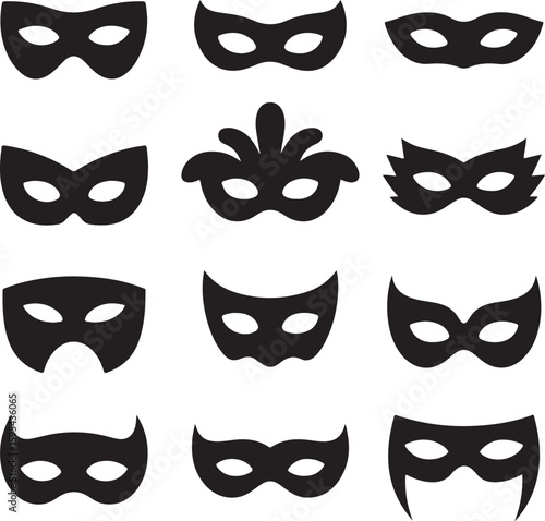 Masquerade mask silhouette vector illustration, black carnival party icon set