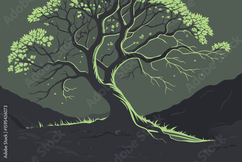  fantasy art, magical tree of life, otherworldly plant, glowing green leaves, intricate branches, surreal landscape, dramatic lighting, cinematic composition, dark moody background, digital art, hig