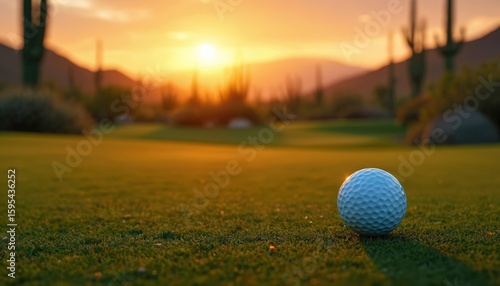 Golf ball sits on green grass during desert sunset. Warm colors illuminate the landscape with cacti and mountains. Soft golden hour light creates calm atmosphere for outdoor sport recreation.