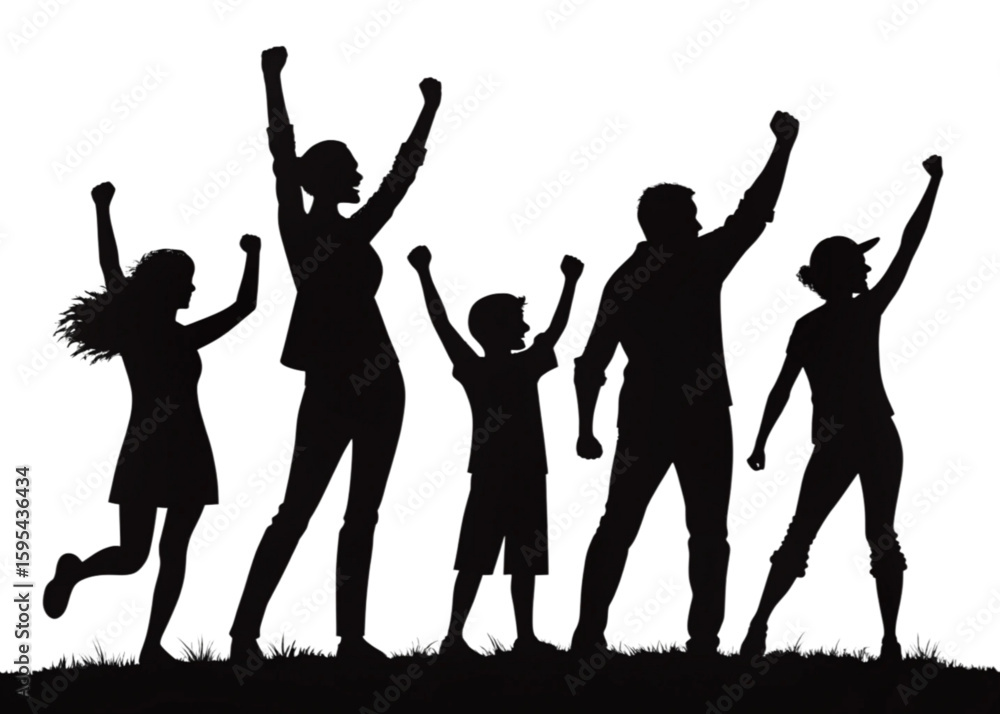 Fototapeta premium Silhouette Crowd Cheering with Raised Hands – Celebration and Unity 