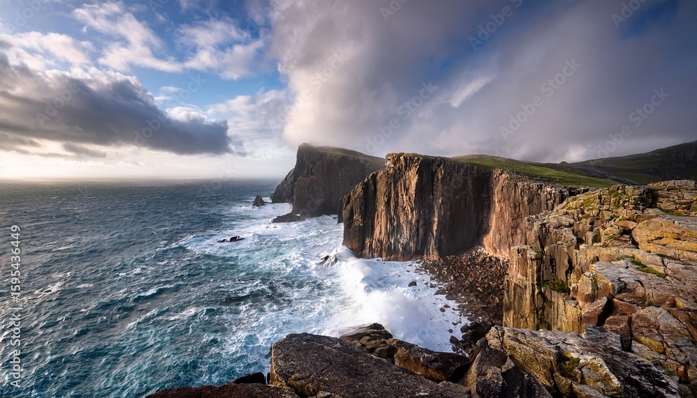 Obraz premium dramatic cliffs overlooking a rocky shore crashing waves cloud cliff