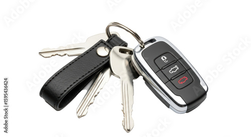 A close up shot of a car key and other keys attached to a keyring with a black leather strap
