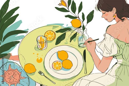 simple primitive illustration, fresh and summery, woman setting table on veranda with lemons