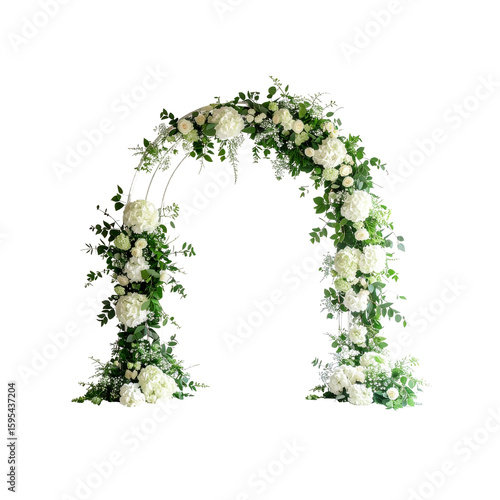 Elegant floral archway arrangement with white blooms and greenery on transparent background