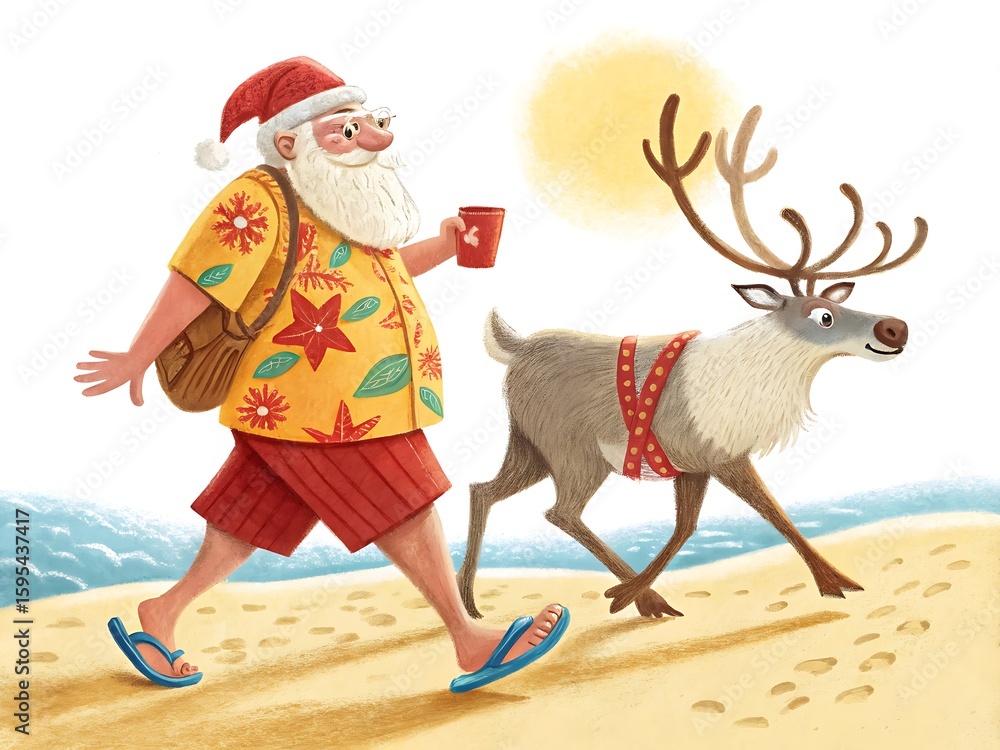 Fototapeta premium Santa claus and reindeer on a tropical beach vacation isolated on white background
