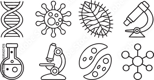Isolated black biology vector icons, science and medical research tools, DNA, microscope, cell, bacteria, chromosome, lab organs, atoms symbols