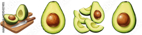Set of isolated Avocado sliced on a cutting board and whole avocados with slices  