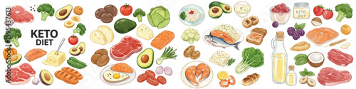 Set of Keto diet foods arranged in colorful flat lay for healthy eating  