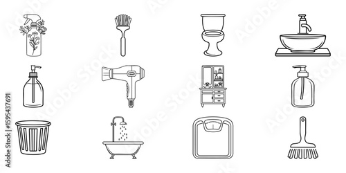 Bathroom And Cleaning Essentials Icon Set. Household And Hygiene Tools Collection. Isolated Vector Illustration