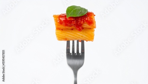 Delicious pasta bite on a fork with tomato sauce and fresh basil, a culinary delight on a clean background.