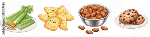 Set of isolated Keto snack including celery with peanut butter, parmesan chips, salted almonds, and cookies  