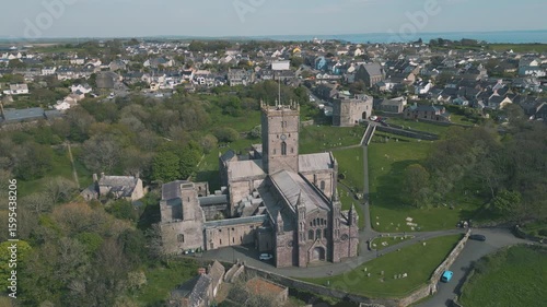 Aerial drone shot of St Davids Cathedral, Wales, UK