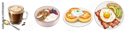 Set of isolated keto breakfasts including granola, bulletproof coffee, cheese pancakes  
