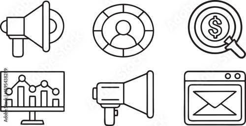 Isolated black marketing vector icons, business promotion and branding tools, megaphone, strategy, email, funnel, analytics, social media campaign
