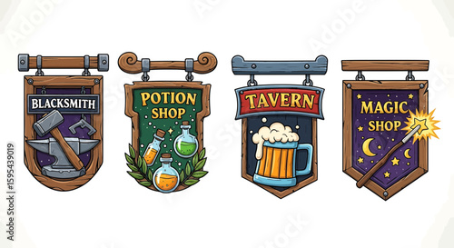 Four stylized fantasy wooden signs, each with a distinct theme, hang side by side