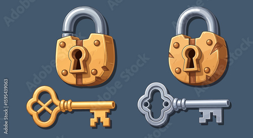 Antique lock and key. A pair of antique locks, one open and one closed, with their corresponding keys, exuding a sense of history and security