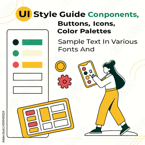 A ui style guide showcases components, buttons, icons, color palettes, and fonts for mobile app and website design