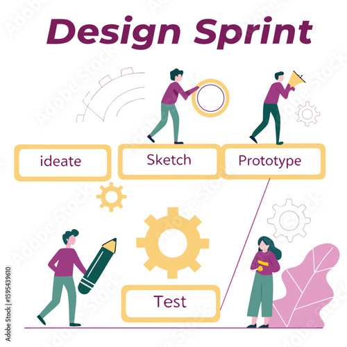 Illustration of a design sprint process with steps for ideation, sketching, prototyping, and testing