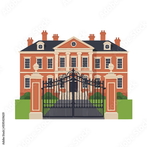 Vector illustration of mansion with gate front view on white background, real estate design